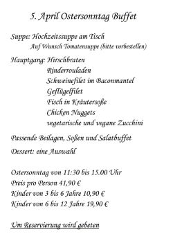 Restaurant Hubertus: Karte Ostersonntag