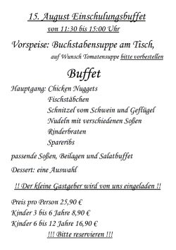 Restaurant Hubertus: Karte Einschulungsbuffet