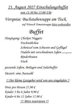 Restaurant Hubertus: Karte Einschulungsbuffet