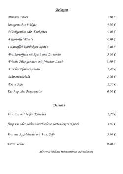 Restaurant Hubertus: Speisekarte (Teil 5)
